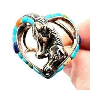 Southwest Style Turquoise Coral Horse Heart Sterling Silver Ring Size 9